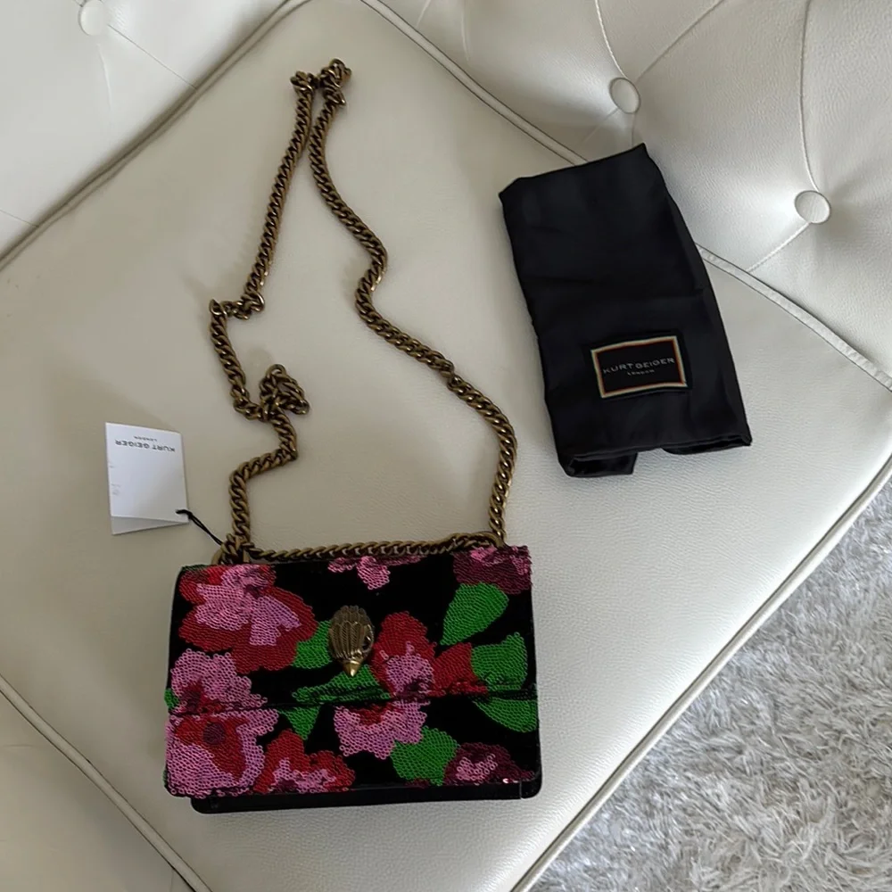 Kurt Geiger Leather, Velvet,Pink, Red & Green Sequin Shoulder Bag, New With Tags